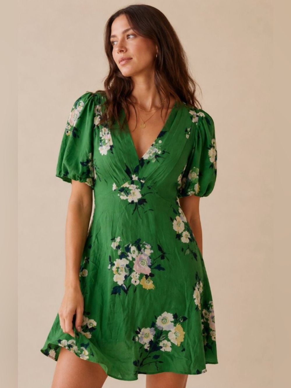 Free People Neon Garden Mini Dress Green Floral V-Neck Puff Sleeve Boho Size 0